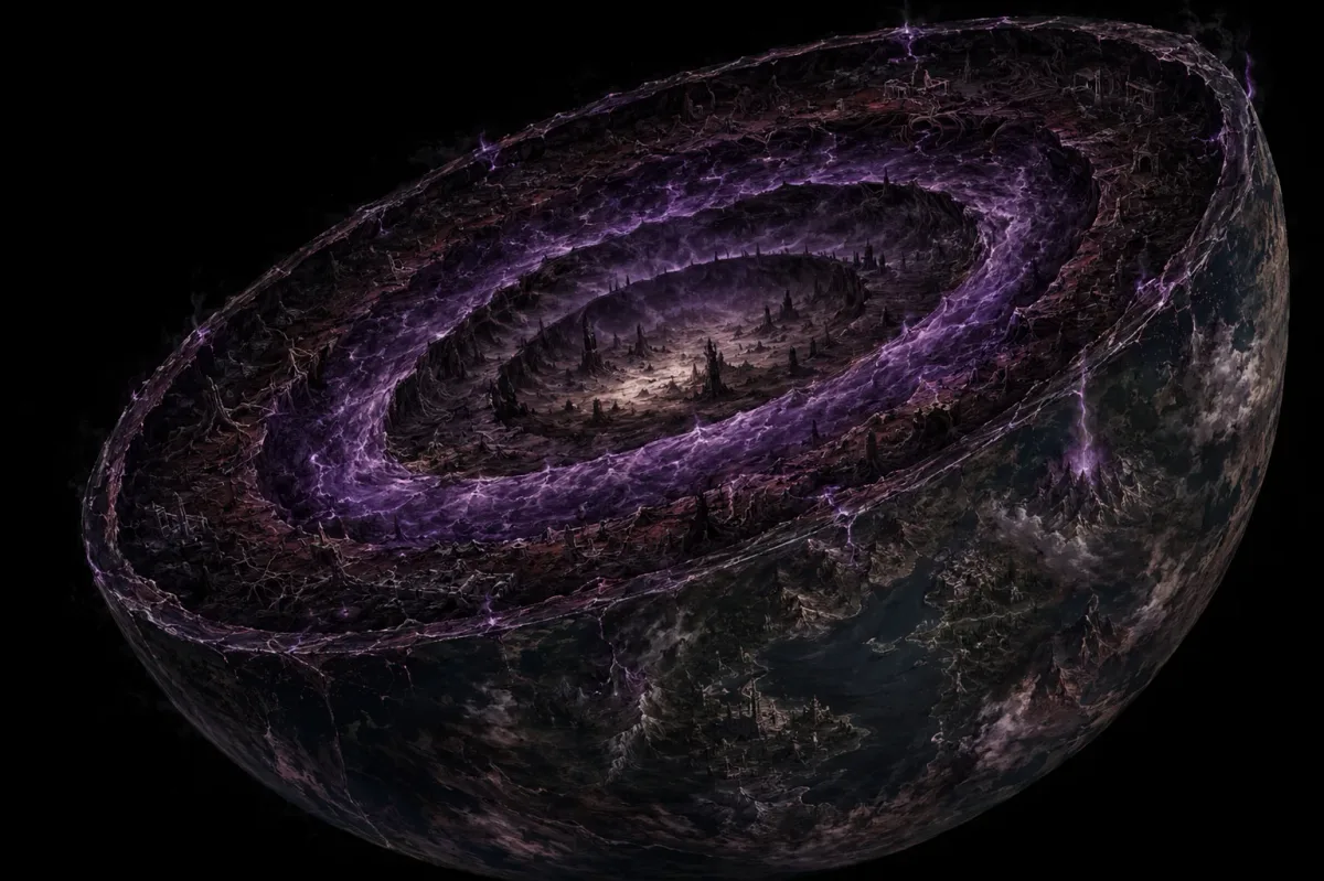 Cross-section of Arcanum's Abyss, revealing its concentric layers descending to a glowing core